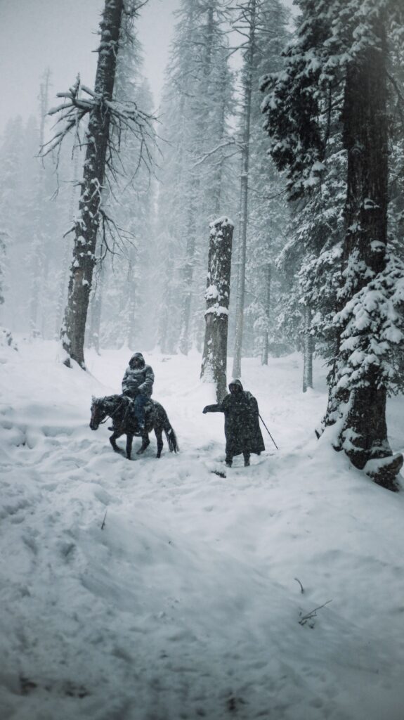 A snowy forest scene featuring a horse, rider, and a companion on a winter trail.